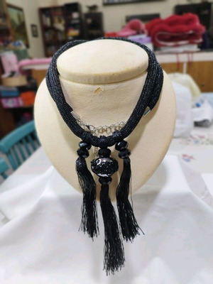 Statement black necklace new with tassels and crystal beads