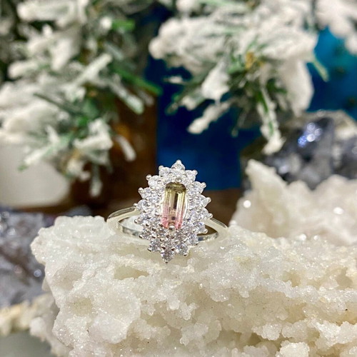 Handmade silver ring with natural watermelon tourmaline and moissanite