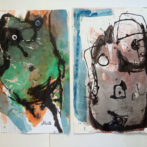 Abstract paintings set of 2 "Female torso" 36x27cm each, new