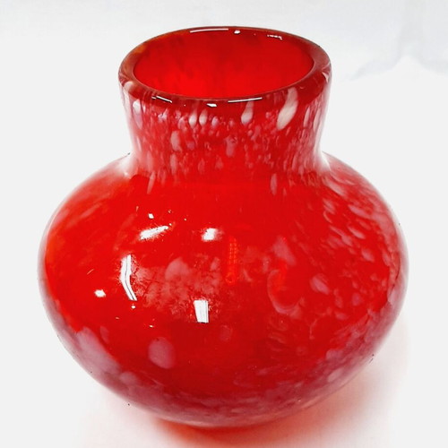 Ruby Red Glass Vase 1980s like new, white drops, 11 cm