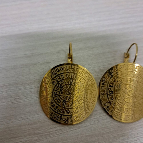 Steel earrings new, gold-colored Phaistos disc design