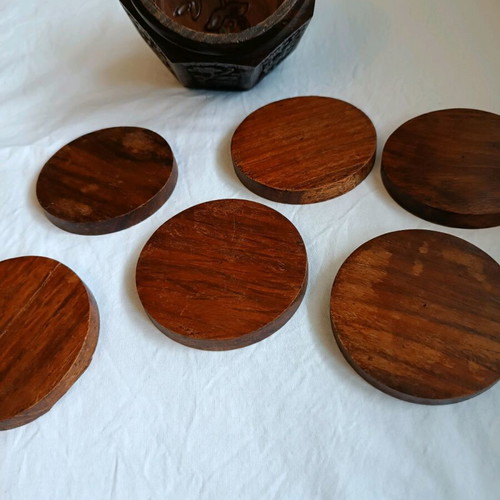 Wooden carved coasters used with holder, handmade from Kythera