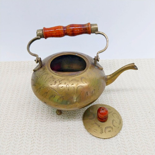 Vintage brass decorative teapot with wooden handle used, England