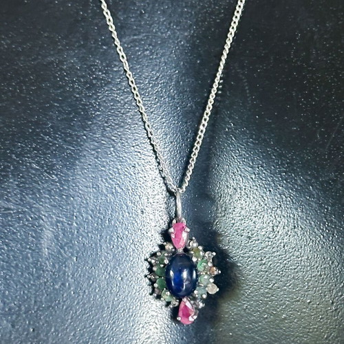 Vintage 925 Silver Pendant with Multicolored Stones and 9K Gold
