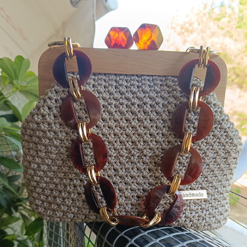 Handmade clutch bag beige with wooden frame and amber beads, new
