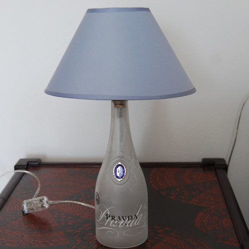 Handmade table lamp from Pravda Vodka bottle new with ciel shade
