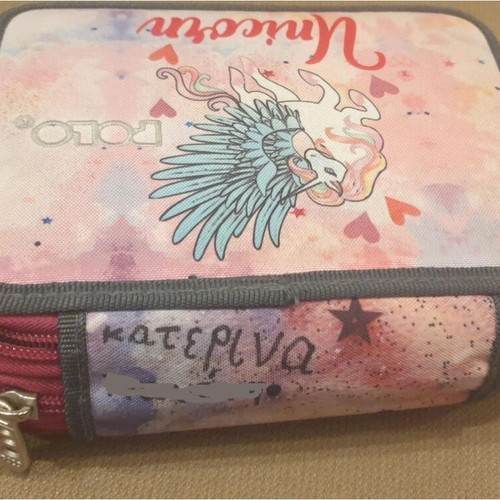 Polo Rolling Unicorn Pencil Case with 3 Compartments used, pink