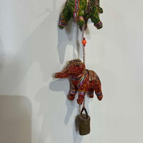 Vintage Namaste Corfu hanging decoration with fabric elephants and bell used