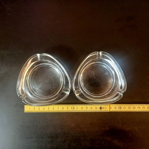 Glass ashtrays vintage set of 2 used, thick triangular design