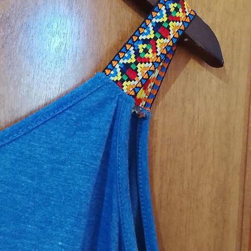 Emery Rose blue sleeveless top with ethnic straps, size S