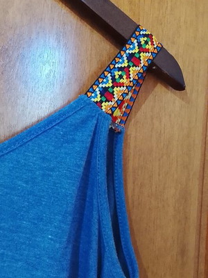 Emery Rose blue sleeveless top with ethnic straps, size S