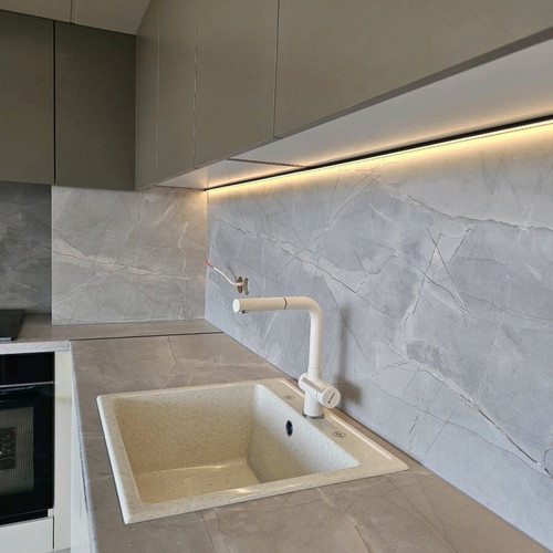 L-shaped kitchen new MDF and chipboard cabinets with Latte color