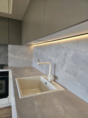 L-shaped kitchen new MDF and chipboard cabinets with Latte color