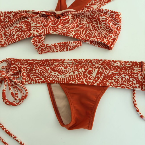 Very very small sexy bikini with triple side ties, white and orange