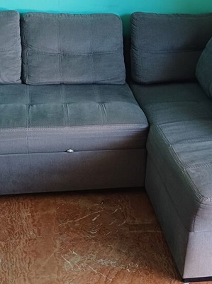 Corner sofa grey fabric with storage, convertible to bed