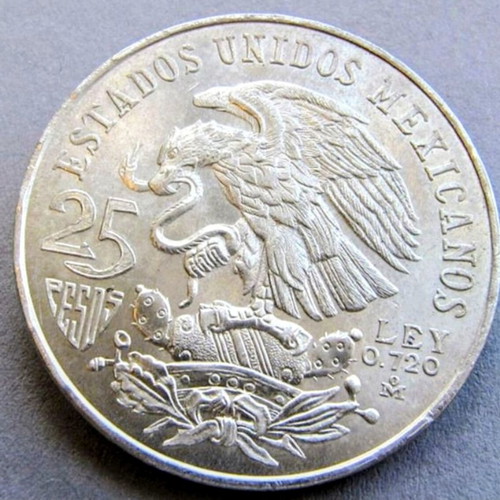 Mexico 25 Pesos 1968 silver coin used, Olympic Games edition