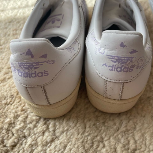 Adidas Superstar sneakers used, white with vintage stripe pattern, size 39