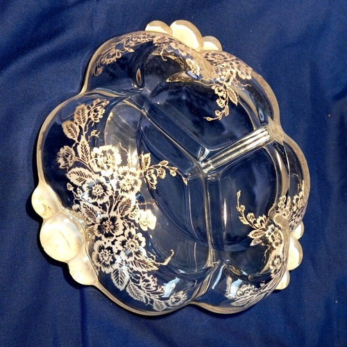 Vintage glass divided serving dish 20 cm with silver decoration like new