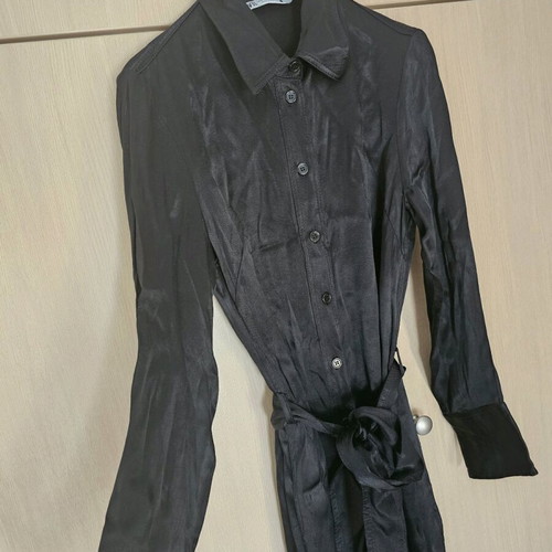 Zara Black Satin Dress With Buttons And Belt Medium Like New