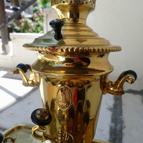 Small Russian Samovar OA Moscow new with tray and 6 tea cups