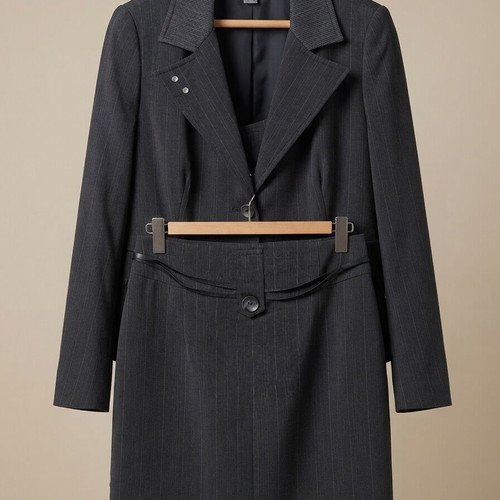 A-Style women's professional suit set, jacket and skirt, grey pinstripe, size M