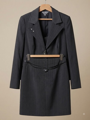 A-Style women's professional suit set, jacket and skirt, grey pinstripe, size M