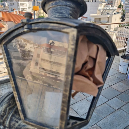 Outdoor wall lantern used, metal bronze patina with glass sides