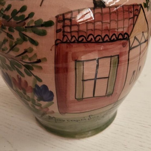 Ceramic vase like new with handpainted nature and traditional house details