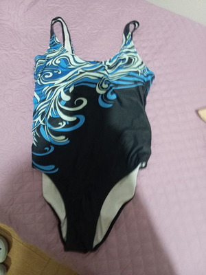 Women's one-piece swimsuit new, black with blue and white side patterns, XL