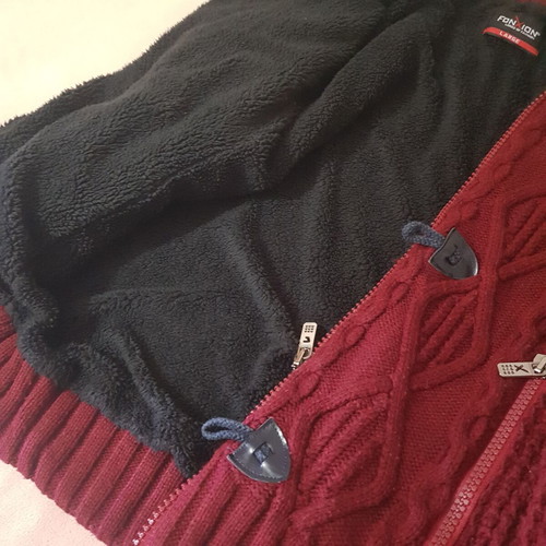 Men's burgundy cardigan used, size L, wool blend with fleece lining