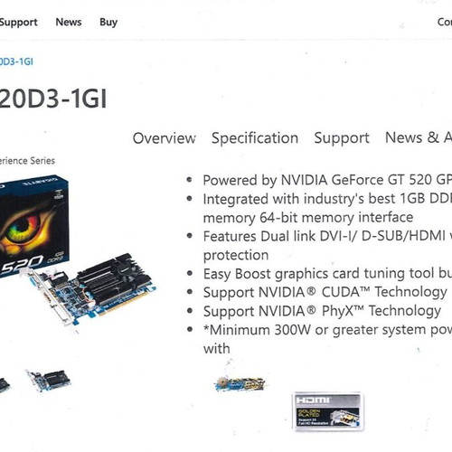 Gigabyte GV-N520D3-1GI graphics card NVIDIA GeForce GT 520 with 1GB DDR3 memory like new