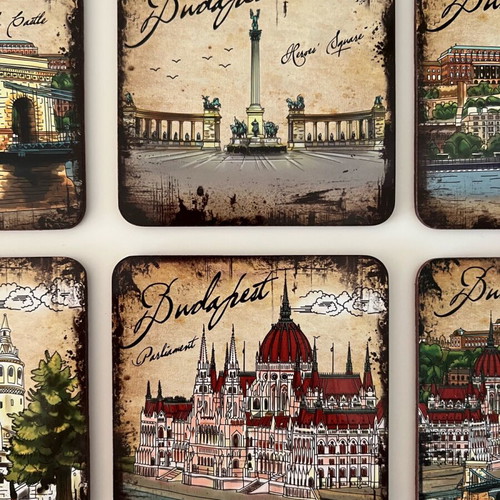 Coasters from Budapest set of 6 with cork back, new