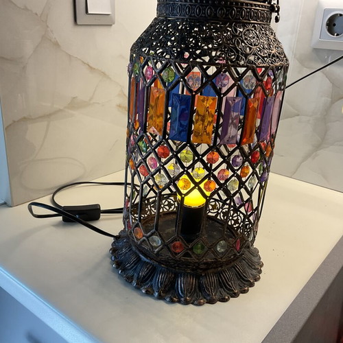 Inart handmade lantern lamp, 45 cm, metal with colorful glass