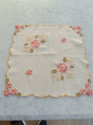 Decorative embroidered square 38×38 cm used, with roses on ecru fabric