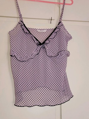 Women's pajama set like new, pink with black dots, transparent with frill details
