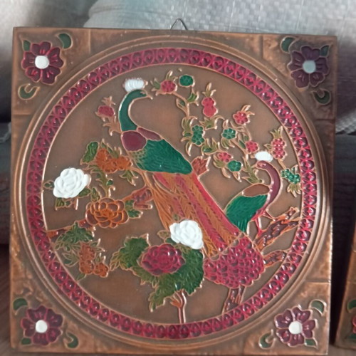 Vintage copper engravings used with colored embossed details, set of 2