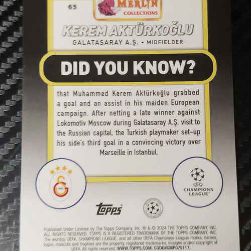 2023-24 Topps Merlin UEFA Kerem Aktürkoğlu Atomic Refractor Card serial 085/250