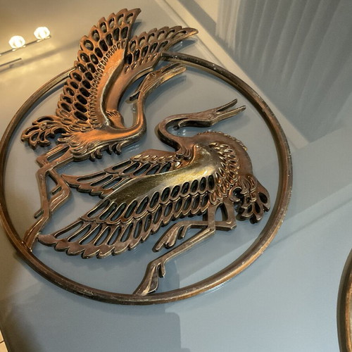 Handmade copper wall decorations set of 2 with stork relief