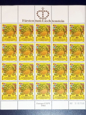 Sheet of 20 unused 80 Furstentum Liechtenstein Europa Cept 1981 stamps new