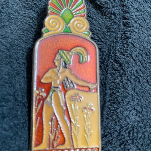 Cretan souvenir brass and enamel record clip used, 1950s Knossos