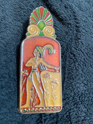 Cretan souvenir brass and enamel record clip used, 1950s Knossos