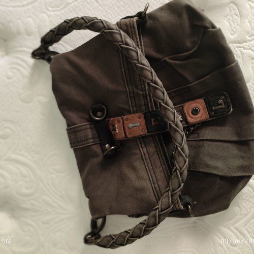 Diesel vintage grey cotton shoulder bag with leather trim like new
