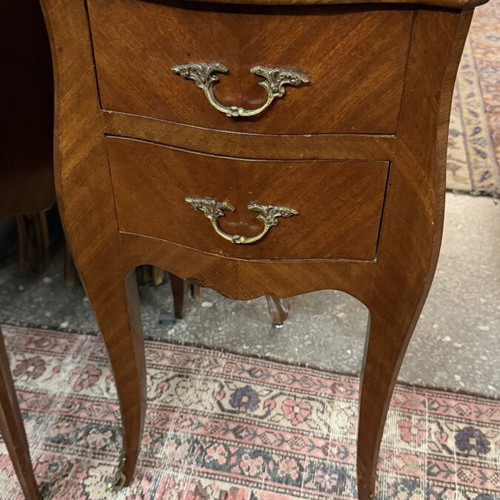 Marquetry bedside tables like new, 35x40 cm, height 66 cm with glass