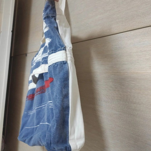 Benetton Shoulder Tote Beach Bag 100% Cotton Like New, White Blue