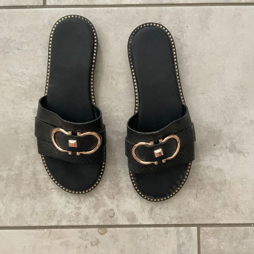 Leather sandals black with elegant gold designs, size 36, like new