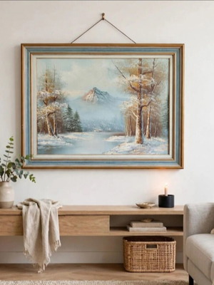 Vintage oil painting Winter Alpine Landscape with frame 60×50 cm