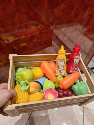 Basket with assorted plastic food for children's kitchen play like new