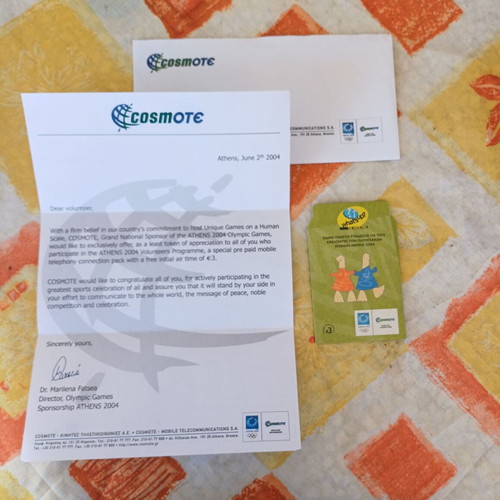 Athens 2004 Olympic Volunteer Set like new, official Cosmote letter and What's Up pack
