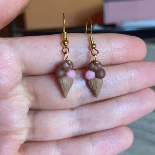 Handmade earrings clay ice cream chocolate-strawberry flavor
