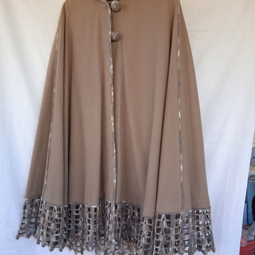 Cape with hood and handmade knitted trim like new, beige